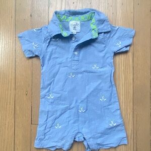 Mud Pie Light Blue Polo Romper Golf Club Embroidered Sz 0-6M